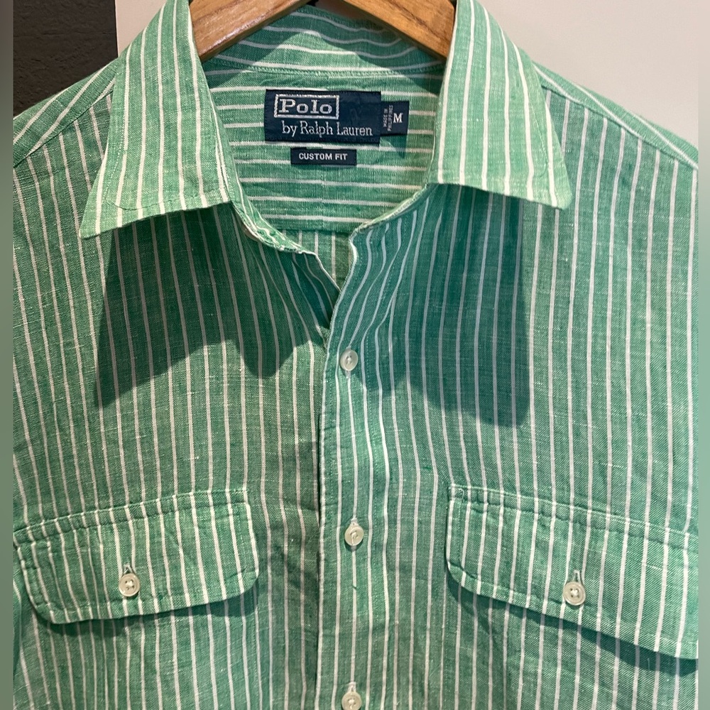 Linen Green and White Striped Button-Down Work Shirt